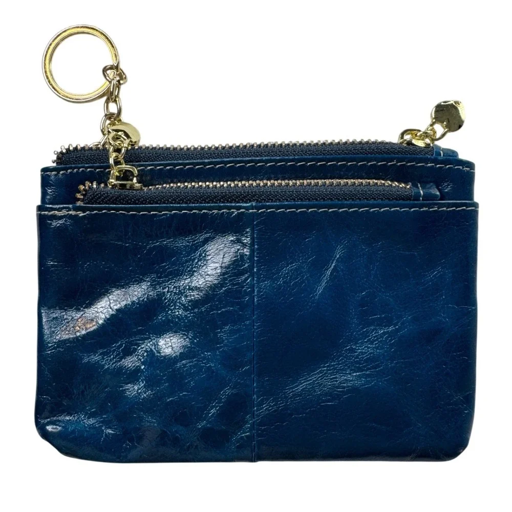 Brighton Blue Glazed Leather Coin Purse Card Holder‎ Key Ring Heart Zipper Pulls